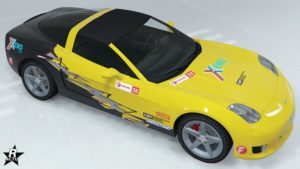 Motif de véhicule "Course Xero" sur la carrosserie de la Coquette D5.