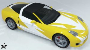 Le véhicule de sport Invetero Coquette D5 avec le motif "Détails chasseur de primes" sur sa carrosserie dans le jeu GTA Online.