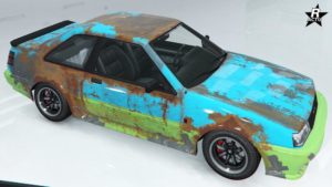 Image du vinyle "Tas de ferraille" qui ajoute un effet rouille sur une grande partie de la carrosserie de la Karin Futo.