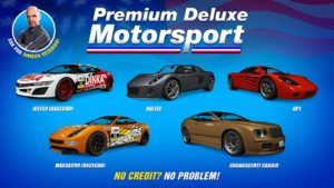 Image des 5 voitures disponibles dans la concession automobile Premium Deluxe Motorsport. Il s'agit des véhicule suivants : Cognoscenti Cabrio, GP1, Jester (course), Massacro (course) et Voltic.