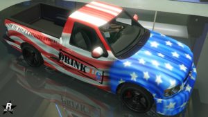 Image de la voiture Vapid Firebolt ASP disposant sur sa carrosserie, la décalcomanie "Buvez américain".