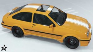 Image du motif "Rayure large" sur la voiture Vapid Uranus LozSpeed dans GTA Online, il s'agit d'une décalcomanie d'une bande blanche large qui traverse le véhicule verticalement.