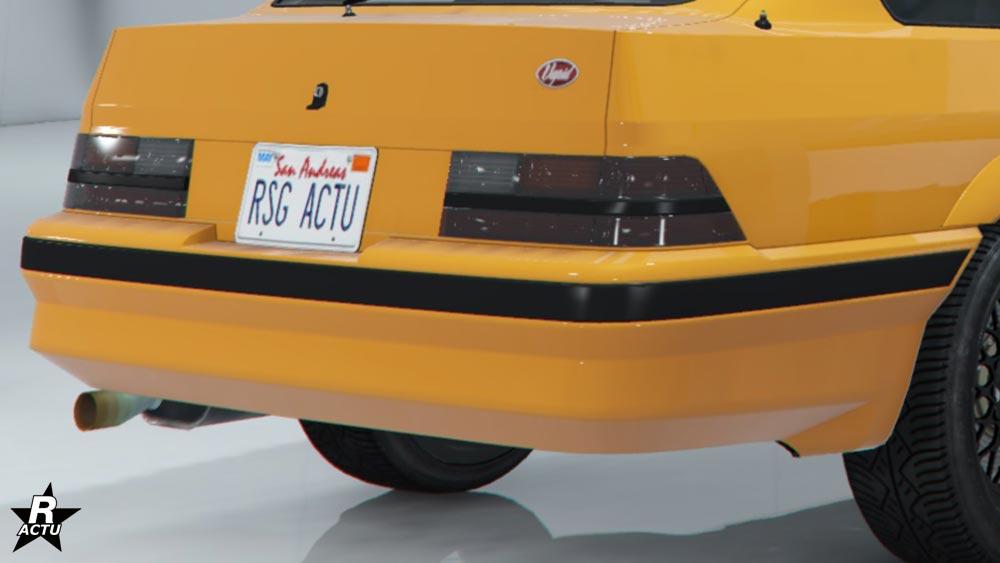 Vue rapprochée du Pare-chocs arrière de série de la voiture Vapid Uranus LozSpeed dans GTA Online.