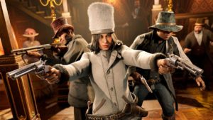 Trois personnages de Red Dead Online portant les vêtements en édition limitée Chapeau de cosaque, Chapeau tuyau de poêle bas, Jambières Shaffer et le Manteau Eberhart.