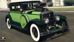 Image de la voiture de sport des années 1920 Albany Roosevelt Valor dans GTA Online. La carrosserie est peinte en vert fluo et en vert foncé. Une partie du bloc moteur dépasse du capot et laisse apparaitre un turbocompresseur.
