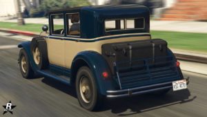 Image présentant la voiture ancienne Albany Roosevelt par une vue arrière dans GTA Online, elle est peinte en beige et noire.