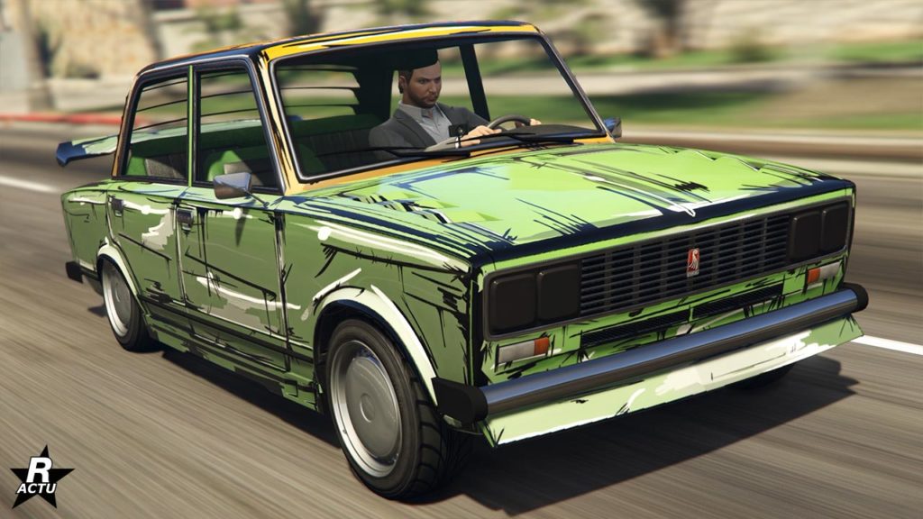 Véhicule Rune Cheburek présenté par une vue avant dans le jeu vidéo GTA Online. La carrosserie est peinte en vert pomme, jaune pour son toit. Une décalcomanie est présente sur la voiture, représentant des coups de pinceau noir et blanc. Les phares sont recouverts d'un cache de couleur noire dans la calandre avant.