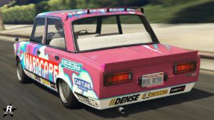 L'arrière de la sportive classique Rune Cheburek dans GTA Online, elle est peinte en rose et blanc
