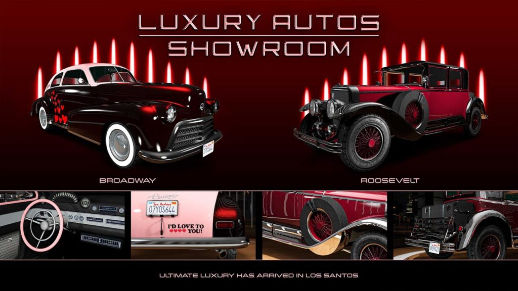 Les voitures Albany Roosevelt et Classique Broadway dans la vitrine du concessionnaire Luxury Autos. Cette semaine, la Broadway dispose d'un motif de carrosserie en édition limitée pour la Saint Valentin.