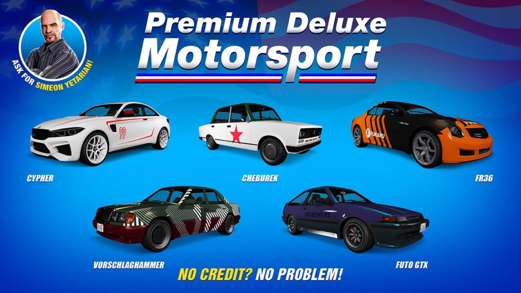 Les voitures Cheburek, Cypher, FR36, Futo GTX et Vorschlaghammer dans une affiche annonçant leurs disponibilités dans la concession automobile Premium Deluxe Motorsport cette semaine dans GTA Online.