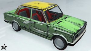 Skin de véhicule "Coups de pinceau" sur la carrosserie de la voiture Rune Cheburek. Ce motif ajoute une décalcomanie surlignant les bords de la carrosserie, rappelant les bandes dessinées.