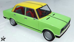 Motif "Hardbass" pourla voiture de GTA Online Rune Cheburek. La décalcomanie est une double bande fine noire qui traverse le capot, le toit et le coffre verticalement.