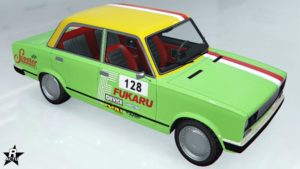 Motif de voiture de course "Pneus Fukaru" sur le véhicule Rune Cheburek. Une double bande blanche et rouge se trouve excentré sur le capot, le toit et le coffre. Tandis que sur les portes latérales, le logo rouge "Fukaru" apparaît ainsi que le numéro de course "128".