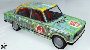 Motif "Vieille école" qui ajoute différents logos de marques avec une effet vieillissant sur la carrosserie de la voiture Rune Cheburek.