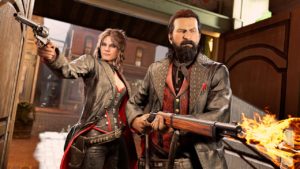 Deux personnages de Red Dead Online portant la tenue communautaire s'inspirant de la Saint Valentin qui a été créée par l'utilisateur First-Dragonfruit-78.