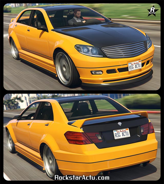 Vue avant et arrière de la voiture Benefactor Schafter dans le jeu vidéo GTA Online, la berline allemande est peinte en orange à l'exception de son capot, toit et coffre qui sont de couleur noire.