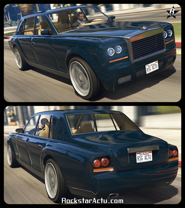 Berline de luxe de type Roll Royce, Enus Super Diamond, dans le jeu vidéo GTA Online. Le véhicule est peint avec d'une couleur bleu nocturne.