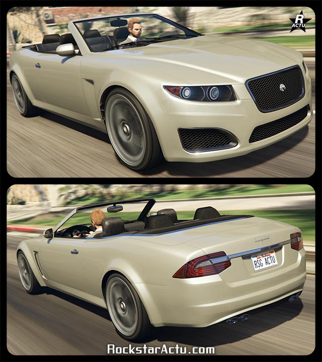 Voiture décapotable italienne Lampadati Felon GT du jeu vidéo GTA Online, le véhicule est peint en gris / beige.