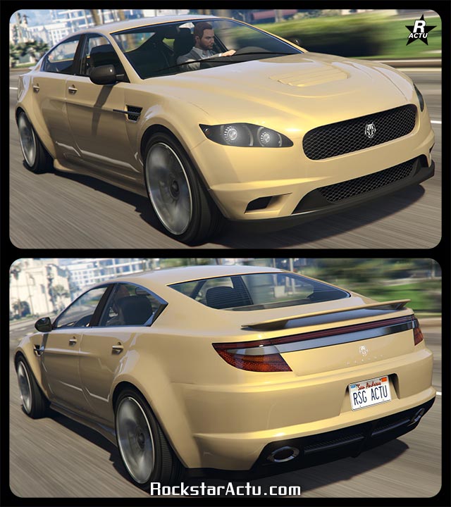 Image présentant la voiture de type coupé, Ocelot Jackal, dans le jeu vidéo GTA Online. Le véhicule dispose d'une peinture beige aux reflets dorés.
