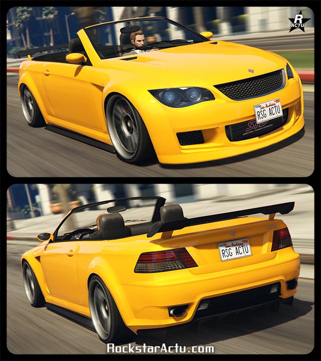 Voiture décapotable allemande Übermacht Sentinel dans le jeu multijoueur GTA Online de Rockstar Games. Le véhicule est peint intégralement en jaune. Derrière le pare-chocs avant, on peut apercevoir le radiateur du moteur, à l'arrière, un petit aileron en carbone sur le coffre.