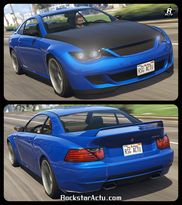 Voiture de type "coupé" Übermacht Zion dans le jeu GTA Online, le véhicule est de couleur bleu, son capot et son splitter avant sont fait en fibres de carbone.