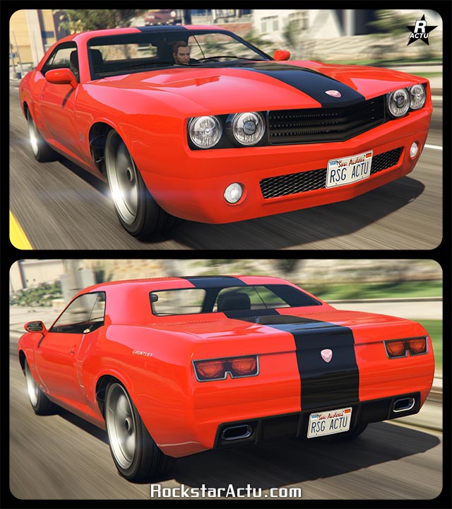 Image présentant l'avant et l'arrière d'une voiture muscle car américaine nommée Bravado Gauntlet dans le jeu vidéo GTA Online. Elle dispose d'une peinture rouge vif et d'une bande noire qui traverse verticalement la carrosserie en son centre.