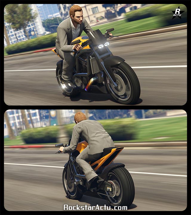 Image de l'avant et de l'arrière de la moto Dinka Akuma dans le jeu vidéo GTA Online. Le réservoir du véhicule est peint en jaune, le carénage qui entoure le moteur est des tubes métalliques en gris foncé.