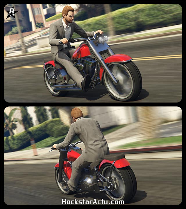 Moto de Franklin de GTA 5, Western Bagger dans le jeu GTA Online. Le véhicule est débarrassé de ses malles latérales et de son parebrise qui sont installés par défaut. La moto est peinte en rouge vif et sa fourche est en aluminium brossé.