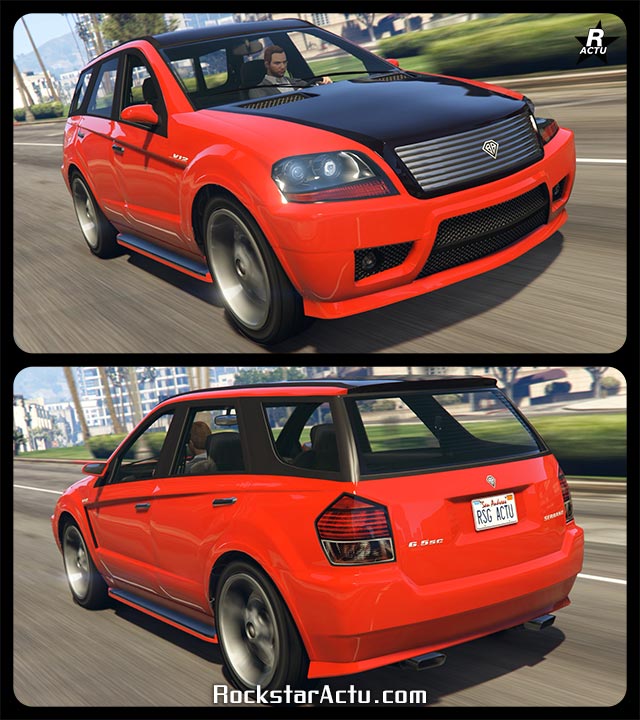 Double image, l'une présentant l'avant et la seconde l'arrière de la voiture Benefactor Serrano dans le jeu vidéo GTA Online. Il s'agit d'un SUV disposant d'une peinture duochrome. Une partie de la carrosserie est peinte en rouge vif, tandis que le capot et le toit est peint en noir avec des reflets mauves.