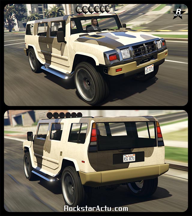 SUV américain Mammoth Patriot de type Hummer dans le jeu vidéo GTA Online, la voiture est peinte en beige et a une décalcomanie de camouflage militaire sur sa carrosserie.