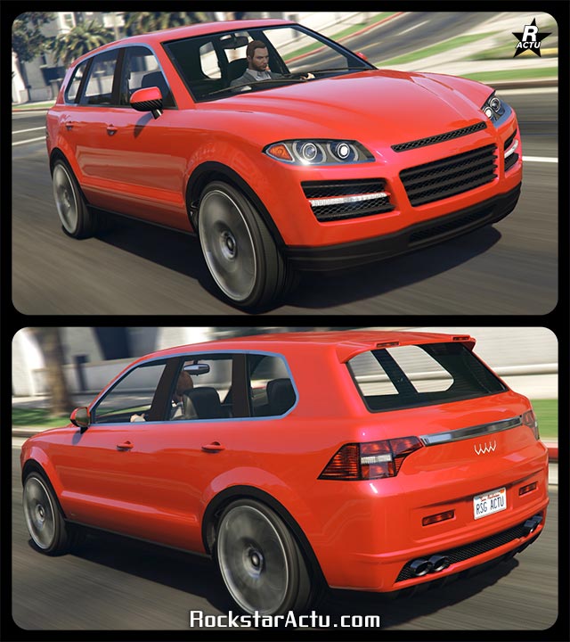 Image du SUV allemand Obey Rocoto circulant sur une route de Los Santos dans le jeu vidéo GTA Online. La voiture est peinte intégralement en rouge , les vitres latérales sont entourées d'une finition chromée.