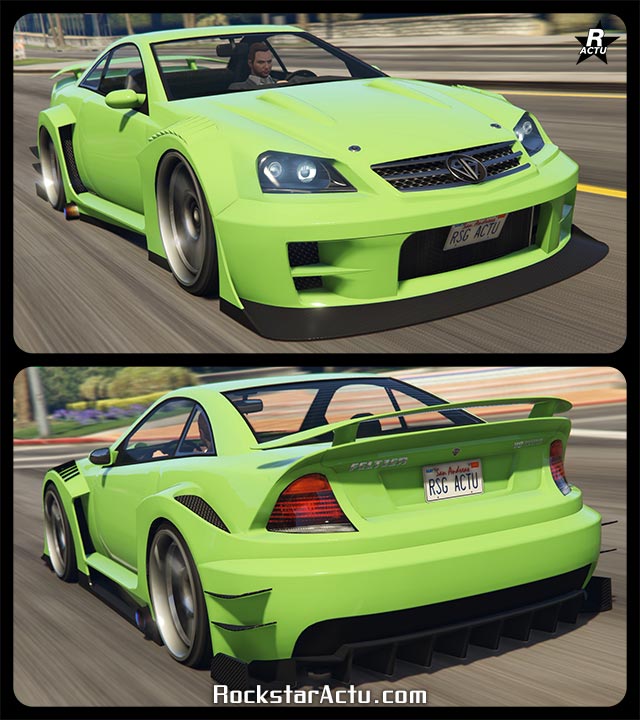 Double image de la voiture de sport Benefactor Feltzer dans le jeu vidéo Grand Theft Auto Online. L'image se compose d'une vue avant et arrière du véhicule qui dispose d'une peinture vert pomme. Des aérations se trouve sur les côtés latéraux avant, tandis que des moustaches en carbones sont présentes sur le pare-chocs arrière.