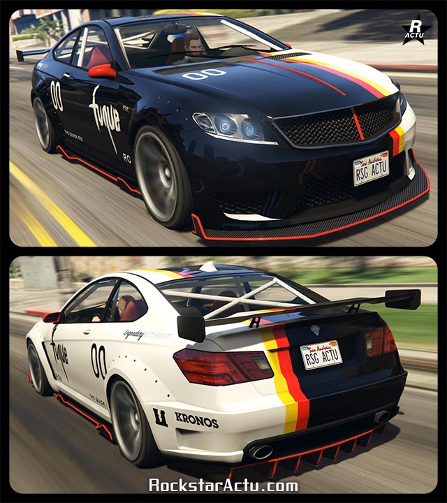 La Benefactor Schwartzer roulant dans une rue de Los Santos dans GTA Online. Le véhicule est présenté à la fois avec une vue avant et arrière de la voiture allemande. Elle possède un motif sur sa carrosserie, une partie verticale est de couleur noire, tandis que l'autre côté est en blanc. La délimitation entre les deux couleurs, est une triple bandes aux couleurs du drapeaux allemand.