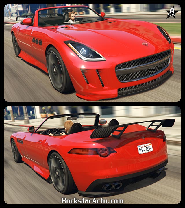 Image de la voiture décapotable allemande Benefactor Surano dans le jeu vidéo Grand Theft Auto Online. Le véhicule de sport est peint en rouge vif, un aileron en carbone est fixé sur le coffre à l'arrière.