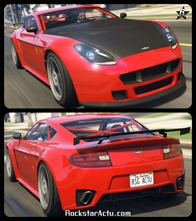 Image de la voiture de sport Dewbauchee Rapid GT dans le jeu GTA Online. Le bolide dispose d'une peinture rouge vif et d'un capot en fibre de carbone. Un splitter aérodynamique en carbone est également présent sur le pare-chocs avant, à l'arrière, un petit aileron de course en carbone est fixé sur le coffre. Dans l'habitacle intérieur du véhicule, des arceaux de sécurité sont présents.