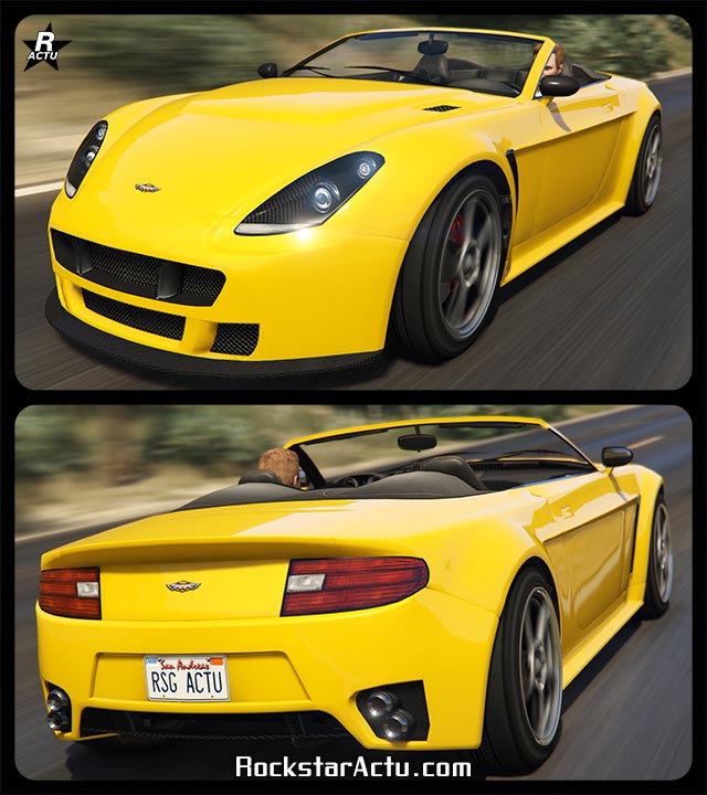 Voiture Dewbauchee Rapid GT décapotable roulant sur une route à l'extérieur de Los Santos dans le jeu vidéo GTA Online. Le véhicule dispose d'une peinture intégrale en jaune, et le toit électrique escamotable est ouvert sur l'extérieur.