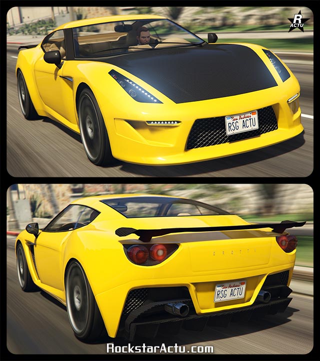 Image de la voiture de sport italienne décapotable Grotti Carbonizzare dans le jeu vidéo GTA Online. La véhicule s'inspire d'une Ferrari, elle est peinte en jaune et son capot est intégralement en carbone, tout comme son aileron qui est fixé sur son coffre à l'arrière.