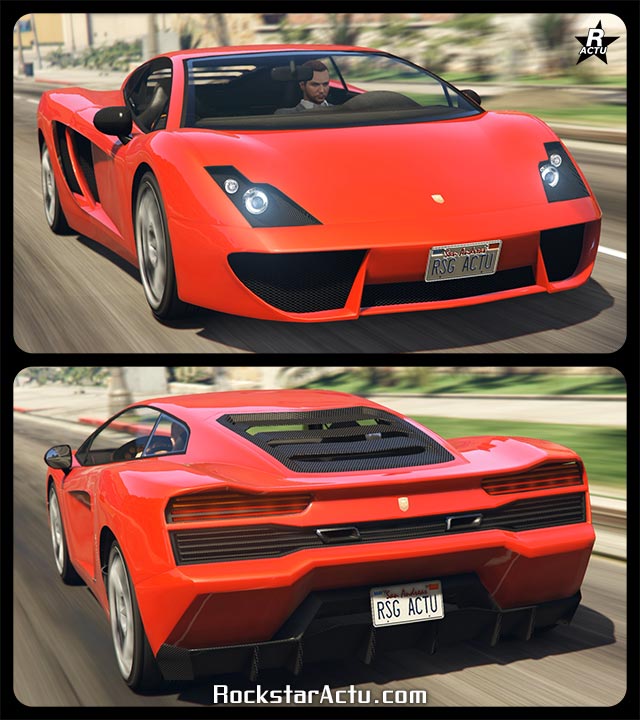 Voiture italienne de type super car, la Pegassi Vacca, dans le jeu en ligne GTA Online. Le véhicule est entièrement peint en rouge vif, les blocs de phares avant ont la forme d'un éclair. À l'arrière de la voiture, une persienne en carbone recouvre la vitre arrière.