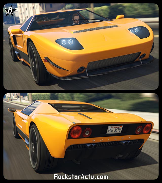 Voiture américaine Vapid Bullet de type super car dans le jeu vidéo GTA Online. Il s'agit d'un véhicule en jeu qui s'inspire d'une Ford GT, sa carrosserie est peinte en jaune. À l'avant une moustache et un splitter en carbone sont présents sur le pare-chocs. À l'arrière, une persienne recouvre le pare-brise arrière.