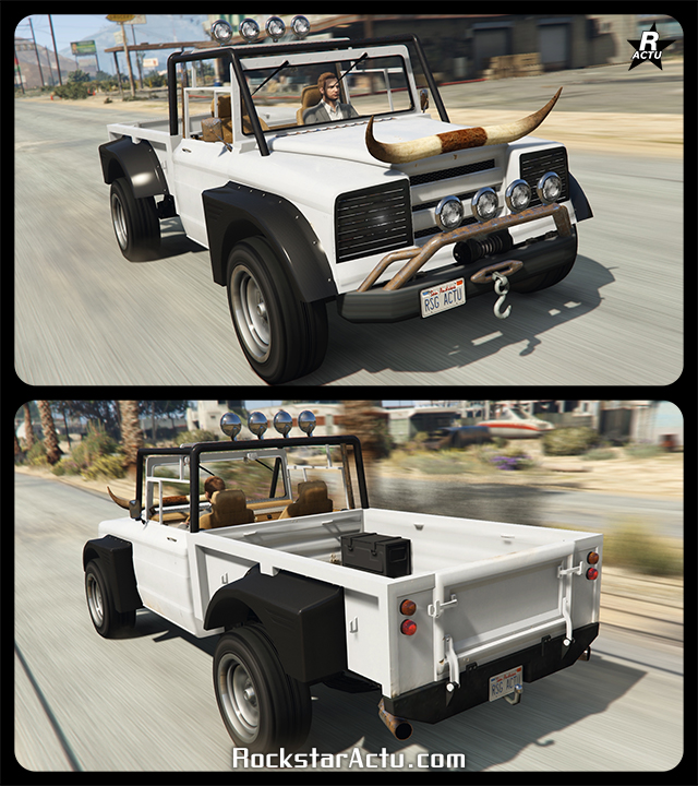 Image de l'avant et l'arrière du pick-up tout-terrain Canis Bodhi dans le jeu vidéo GTA Online. la voiture est intégralement peint en blanc avec quelques éléments en noirs. À l'avant, une grille noire recouvre les phares, un pare buffle rouillé est fixé sur le pare-chocs et une corne de terreau est en décoration sur le capot. À l'arrière du véhicule, un plateau permettant de transporter du matériel est présent, avec quelques caisses noires.