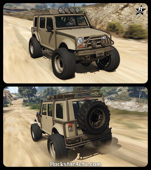 Double image de la version tout-terrain "Merryweather" du véhicule Canis Mesa roulant sur un chemin de sable dans le jeu vidéo GTA Online. Sa carrosserie est peinte en brun clair, tandis que la cage entourant le véhicule est peint en brun foncé. Sur le toit, quatre projecteurs pointes vers l'avant, à l'arrière, une roue de secours est accrochée sur la porte du coffre.