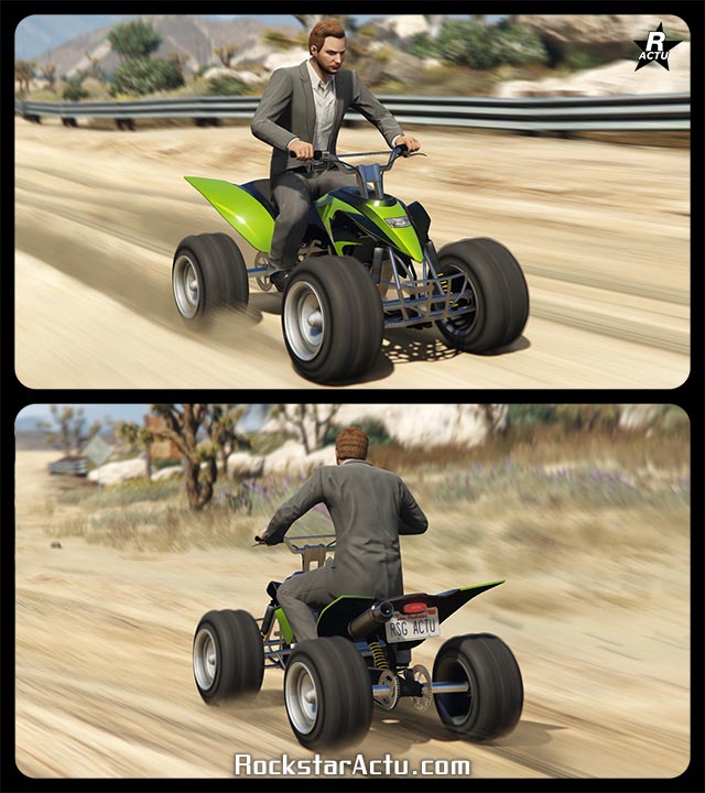Quad Nagasaki Blazer roulant sur un chemin de sable dans le jeu vidéo GTA Online. La carrosserie du véhicule est de couleur verte.
