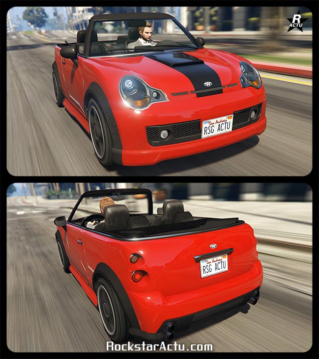 Voiture décapotable britannique Weeny Issi dans le jeu GTA Online. Le véhicule s'inspire d'une Mini Cooper, elle est peinte en rouge et a une bande noire sur son capot.