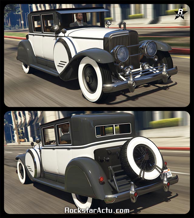 Voiture de collection Albany Roosevelt Valor dans le jeu vidéo GTA Online, il s'agit d'un véhicule ancien produit dans les années 1920. La voiture est peint en blanche, à l'exception des garde-boues et du toit qui sont de couleur gris. Sur les cotés latéraux au niveau du moteur à l'avant, se trouve une roue de secours recouvert d'un coffre. À l'arrière du bolide, se trouve une autre roue de secours, qui elle, est visible et attachée sur une galerie à côté d'une grande malle noire.