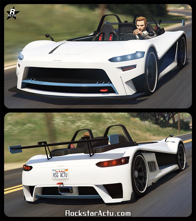 Image de la voiture de sport de type roadster, Hijak Ruston, dans le jeu vidéo GTA Online. Le véhicule est de couleur blanche, à l'exception de détails qui sont peints en bleu nautique.
