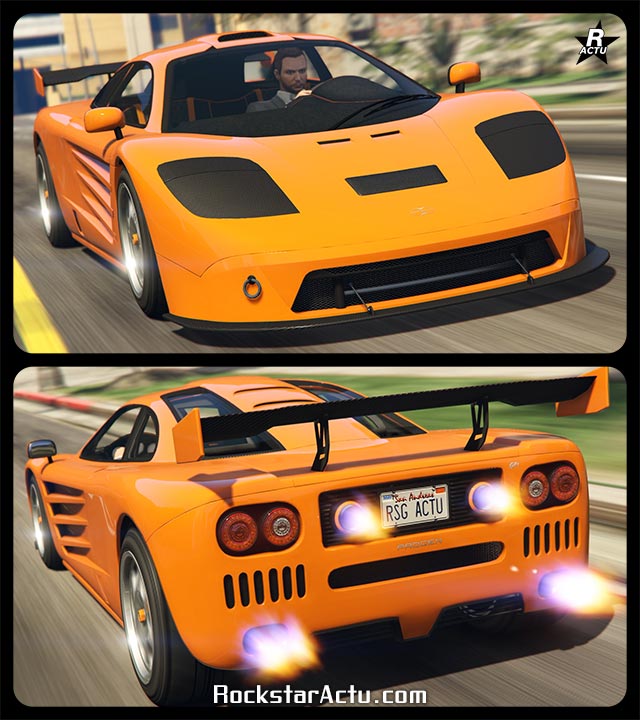 Voiture britannique Progen GP1 qui s'inspire d'une McLaren dans le jeu vidéo GTA Online de rockstar Games. Le véhicule de type super car des années 1980 est de couleur orange, les phares avants sur le capot sont recouverts d'un cache en carbone, à l'arrière du bolide, les pots d'échappements crachent des flammes.