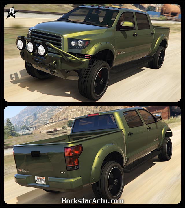 SUV de type tout-terrain Vapid Contender sur un chemin de sable dans le jeu vidéo GTA Online. Le véhicule américain dispose d'un plateau ouvert à l'arrière. Sa carrosserie est peinte en verte et a des reflets jaunes. À l'avant du bolide se trouve un pare-buffle avec trois gros projecteurs.