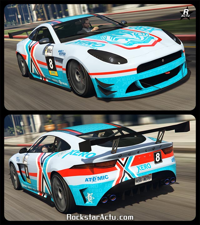 Voiture de sport anglaise "Ocelot Lynx" dans le jeu vidéo GTA Online. Sur l'image, le véhicule est présenté avec une peinture blanche avec des décalcomanies de courses sur sa carrosserie. Sur le pare-chocs avant se trouve des moustaches et un splitter en carbone, tandis que sur le coffre arrière, trône un aileron de course en carbone.