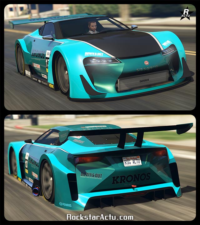 Supersportive japonaise au look agressive Emperor ETR1 dans le jeu vidéo GTA Online. La voiture est peinte en bleu, sa carrosserie est recouvert de plusieurs décalcomanies de courses. La voiture a un capot en carbone et à l'arrière de la voiture une persienne en carbone recouvre la vitre arrière.