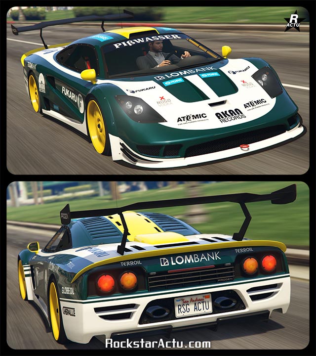Voiture de course des années 80' se nommant Progen Tyrus, dans le jeu vidéo GTA Online. Le véhicule dispose d'une peinture verte foncée et a des décalcomanies de course blanches et jaunes. À l'arrière de la super car se trouve un aileron géant de course en carbone.